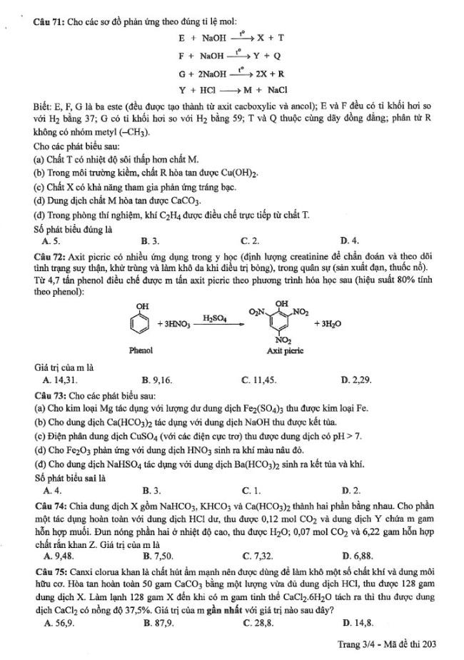 Đáp án đề thi môn Hóa mã đề 203 - Tốt nghiệp THPT 2024,Đề thi môn Hóa mã đề 203 - Tốt nghiệp THPT 2024,Đề thi môn Hóa Tốt nghiệp THPT