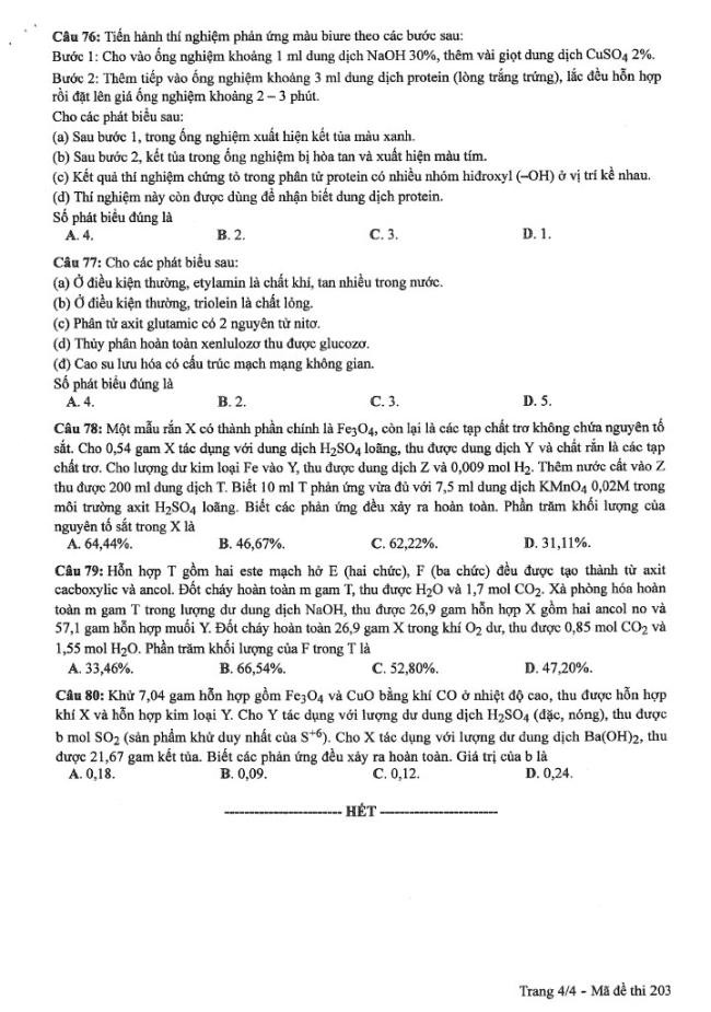 Đáp án đề thi môn Hóa mã đề 203 - Tốt nghiệp THPT 2024,Đề thi môn Hóa mã đề 203 - Tốt nghiệp THPT 2024,Đề thi môn Hóa Tốt nghiệp THPT