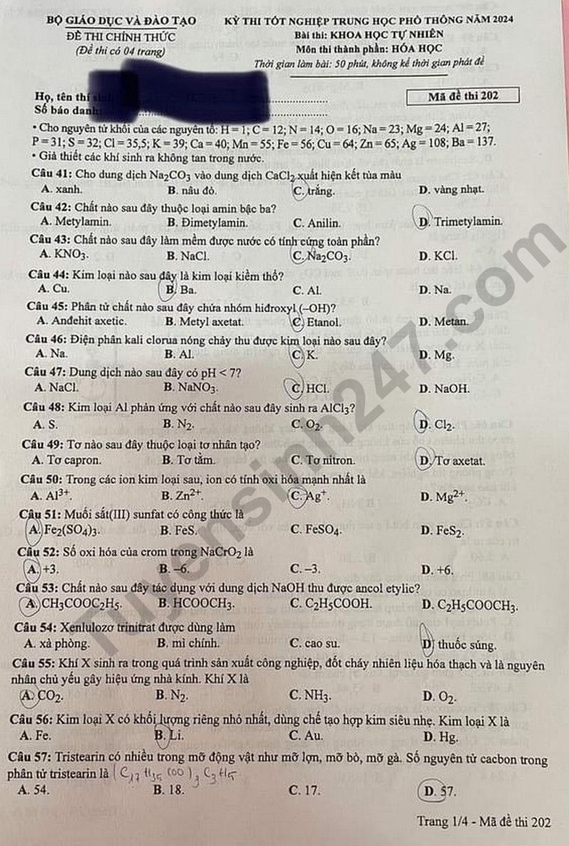 Đáp án đề thi môn Hóa mã đề 202 - Tốt nghiệp THPT 2024,Đề thi môn Hóa mã đề 202 - Tốt nghiệp THPT 2024,Đề thi môn Hóa Tốt nghiệp THPT