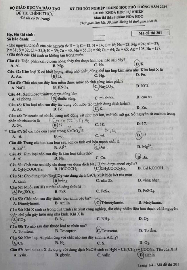 Đáp án đề thi môn Hóa mã đề 201 - Tốt nghiệp THPT 2024,Đề thi môn Hóa mã đề 201 - Tốt nghiệp THPT 2024,Đề thi môn Hóa Tốt nghiệp THPT