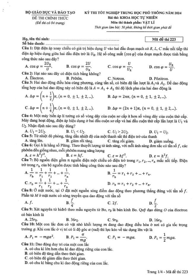 Đáp án đề thi môn Lý mã đề 223 - Tốt nghiệp THPT 2024,Đề thi môn Lý mã đề 223 - Tốt nghiệp THPT 2024,Đề thi môn Lý Tốt nghiệp THPT