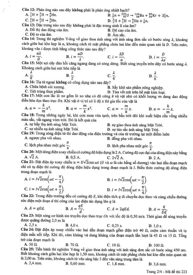 Đáp án đề thi môn Lý mã đề 223 - Tốt nghiệp THPT 2024,Đề thi môn Lý mã đề 223 - Tốt nghiệp THPT 2024,Đề thi môn Lý Tốt nghiệp THPT