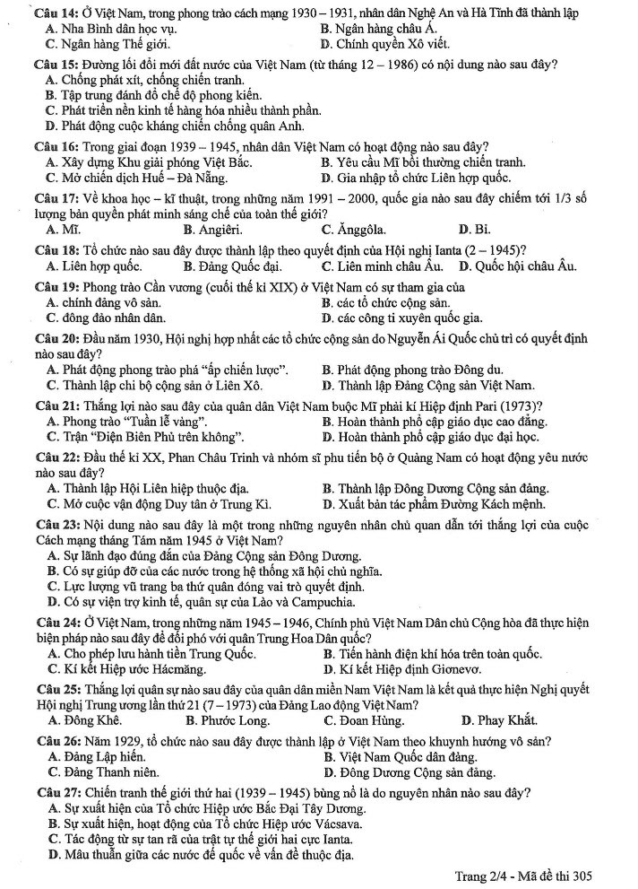 Đề thi môn Lịch sử mã đề 305 - Tốt nghiệp THPT 2024,Đề thi môn Lịch sử Tốt nghiệp THPT 2024