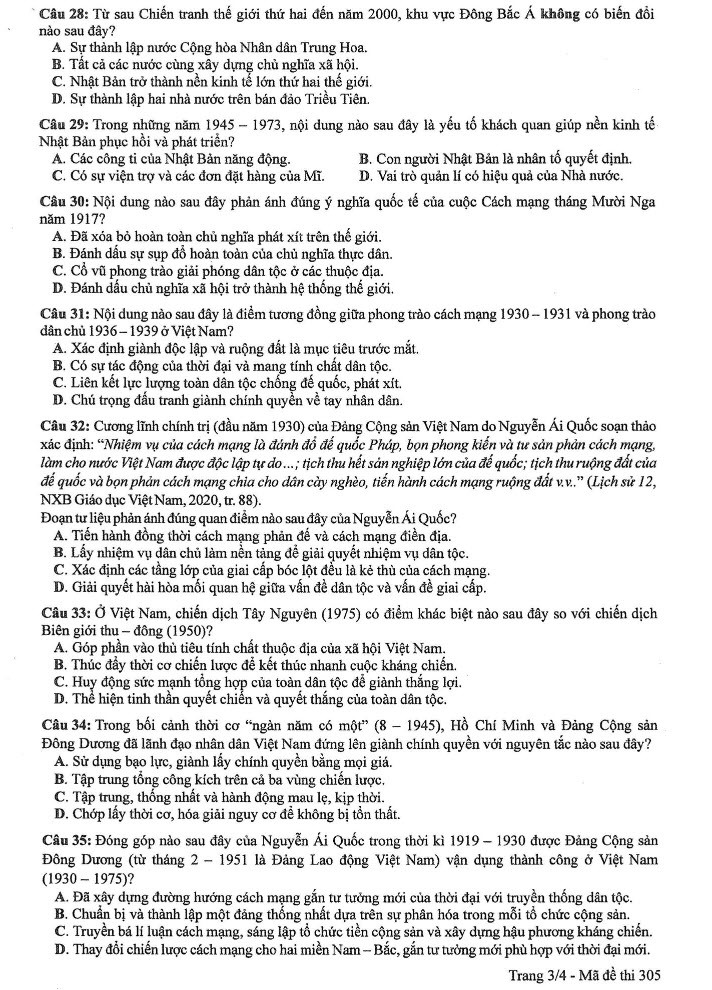 Đề thi môn Lịch sử mã đề 305 - Tốt nghiệp THPT 2024,Đề thi môn Lịch sử Tốt nghiệp THPT 2024