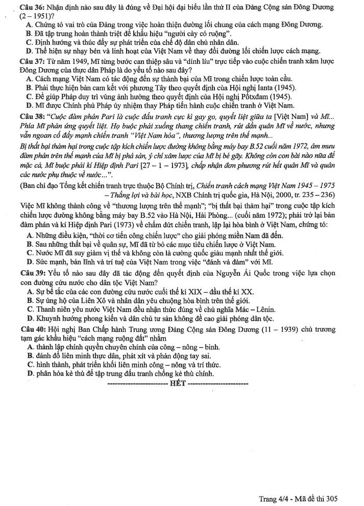 Đề thi môn Lịch sử mã đề 305 - Tốt nghiệp THPT 2024,Đề thi môn Lịch sử Tốt nghiệp THPT 2024