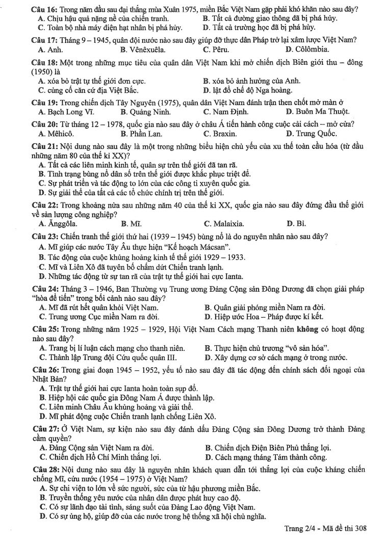 Đề thi môn Lịch sử mã đề 308 - Tốt nghiệp THPT 2024,Đề thi môn Lịch sử Tốt nghiệp THPT 2024