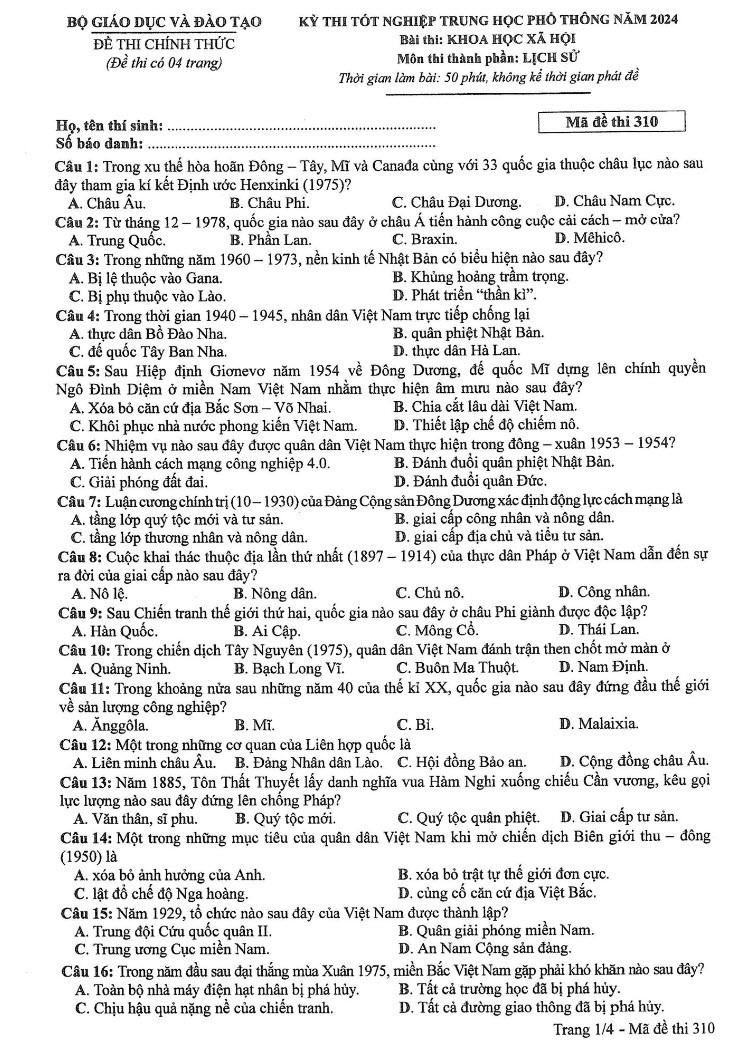 Đề thi môn Lịch sử mã đề 310 - Tốt nghiệp THPT 2024,Đề thi môn Lịch sử Tốt nghiệp THPT 2024