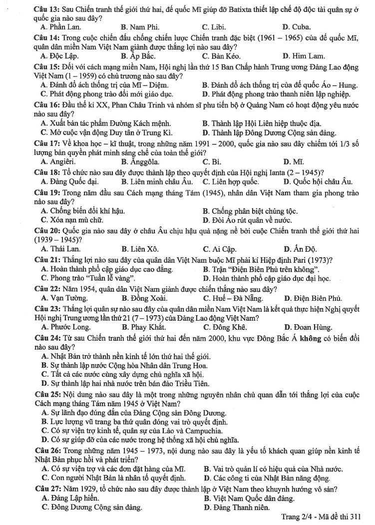 Đề thi môn Sử mã đề 311 - Tốt nghiệp THPT 2024,Đề thi môn Sử Tốt nghiệp THPT 2024