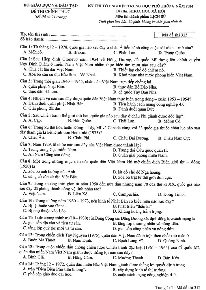 Đề thi môn Lịch sử mã đề 312 - Tốt nghiệp THPT 2024,Đề thi môn Lịch sử Tốt nghiệp THPT 2024