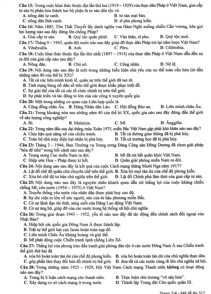 Đề thi môn Lịch sử mã đề 312 - Tốt nghiệp THPT 2024,Đề thi môn Lịch sử Tốt nghiệp THPT 2024