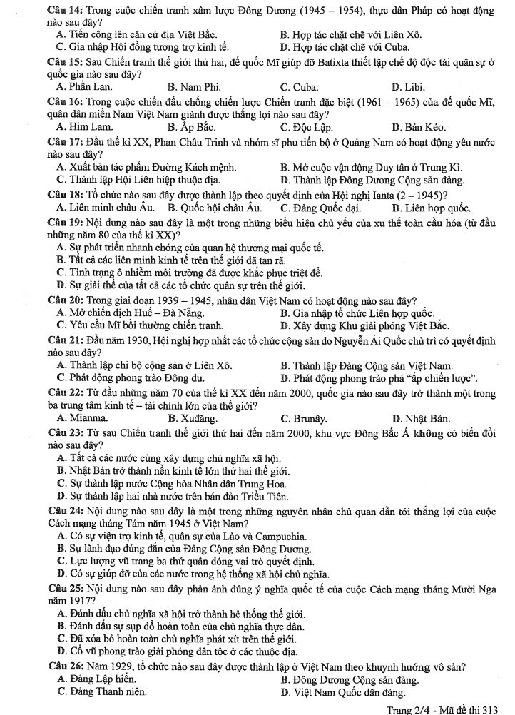 Đề thi môn Lịch sử mã đề 313 - Tốt nghiệp THPT 2024,Đề thi môn Lịch sử Tốt nghiệp THPT 2024