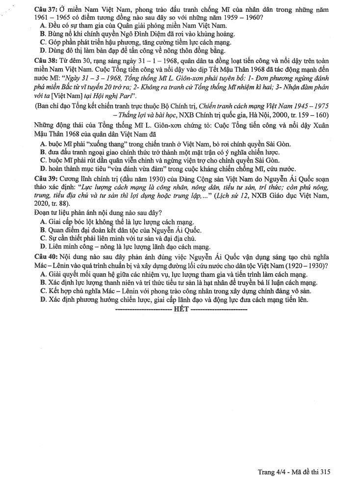 Đề thi môn Lịch sử mã đề 315 - Tốt nghiệp THPT 2024,Đề thi môn Lịch sử Tốt nghiệp THPT 2024