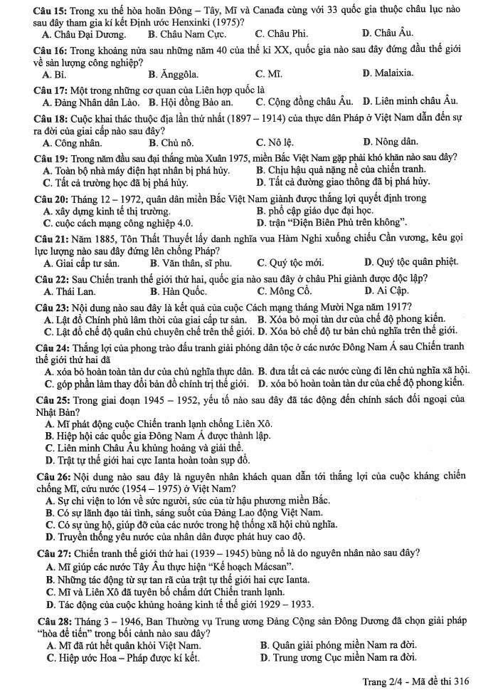 Đề thi môn Lịch sử mã đề 316 - Tốt nghiệp THPT 2024,Đề thi môn Lịch sử Tốt nghiệp THPT 2024