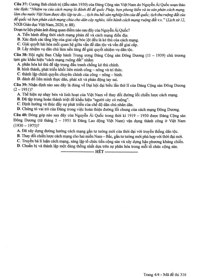Đề thi môn Lịch sử mã đề 316 - Tốt nghiệp THPT 2024,Đề thi môn Lịch sử Tốt nghiệp THPT 2024
