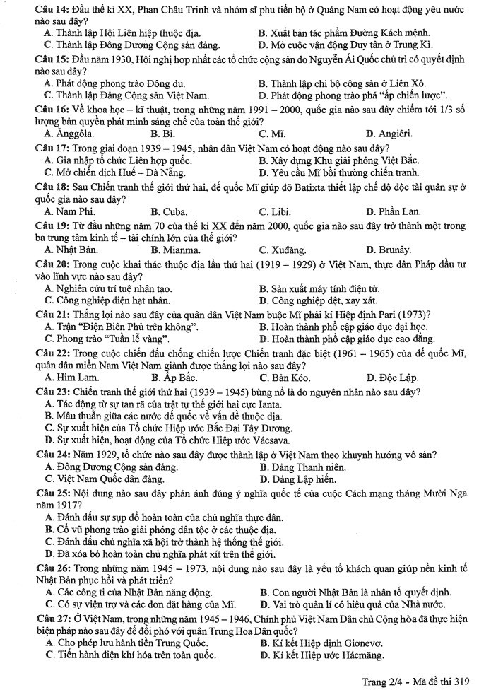 Đề thi môn Lịch sử mã đề 319 - Tốt nghiệp THPT 2024,Đề thi môn Lịch sử Tốt nghiệp THPT 2024