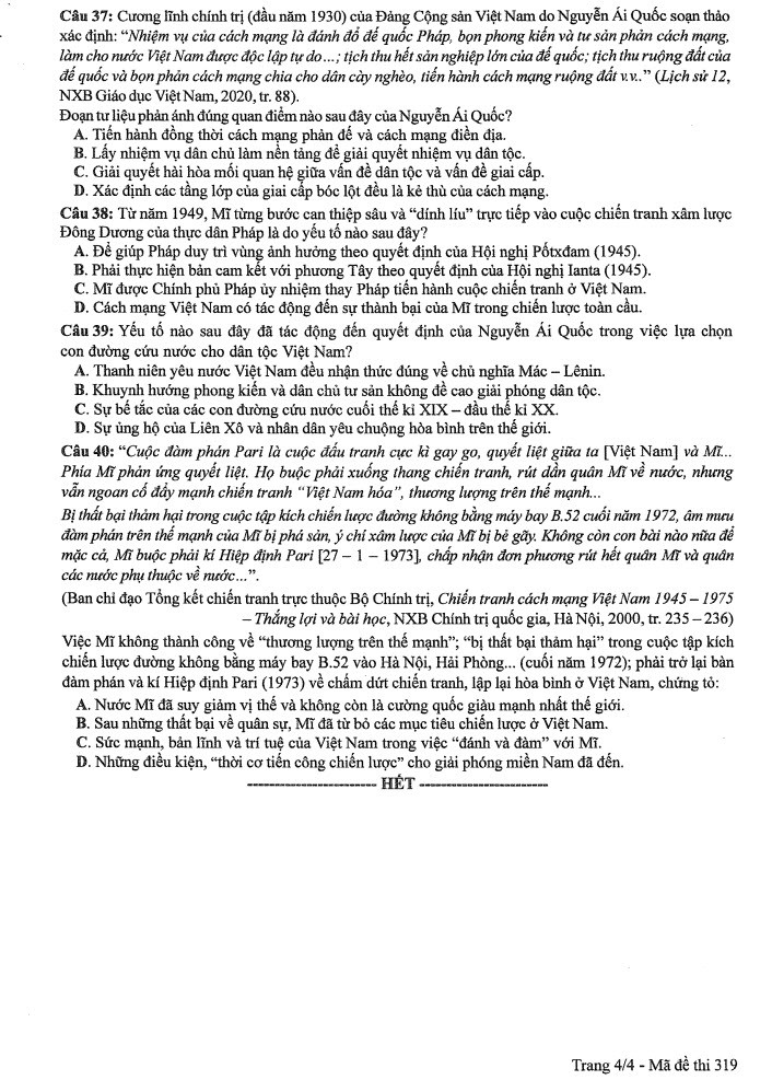 Đề thi môn Lịch sử mã đề 319 - Tốt nghiệp THPT 2024,Đề thi môn Lịch sử Tốt nghiệp THPT 2024