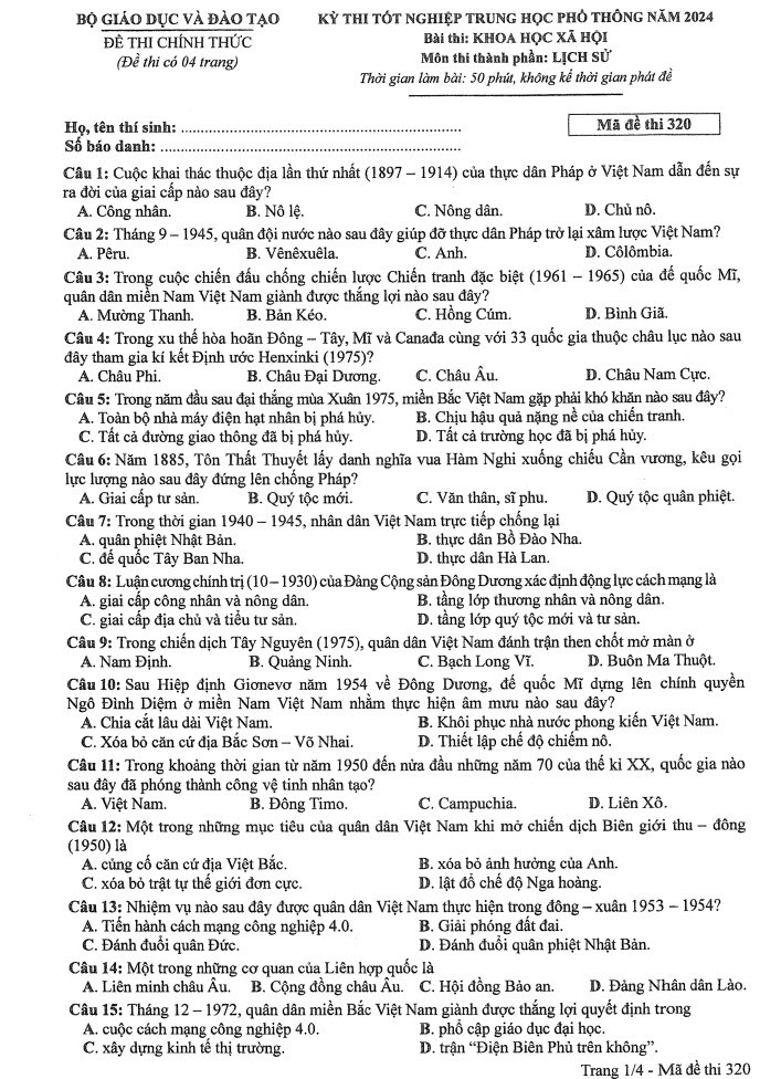 Đề thi môn Lịch sử mã đề 320 - Tốt nghiệp THPT 2024,Đề thi môn Lịch sử Tốt nghiệp THPT 2024