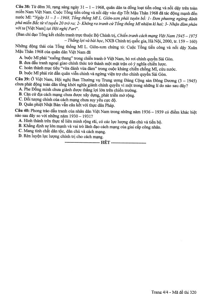 Đề thi môn Lịch sử mã đề 320 - Tốt nghiệp THPT 2024,Đề thi môn Lịch sử Tốt nghiệp THPT 2024