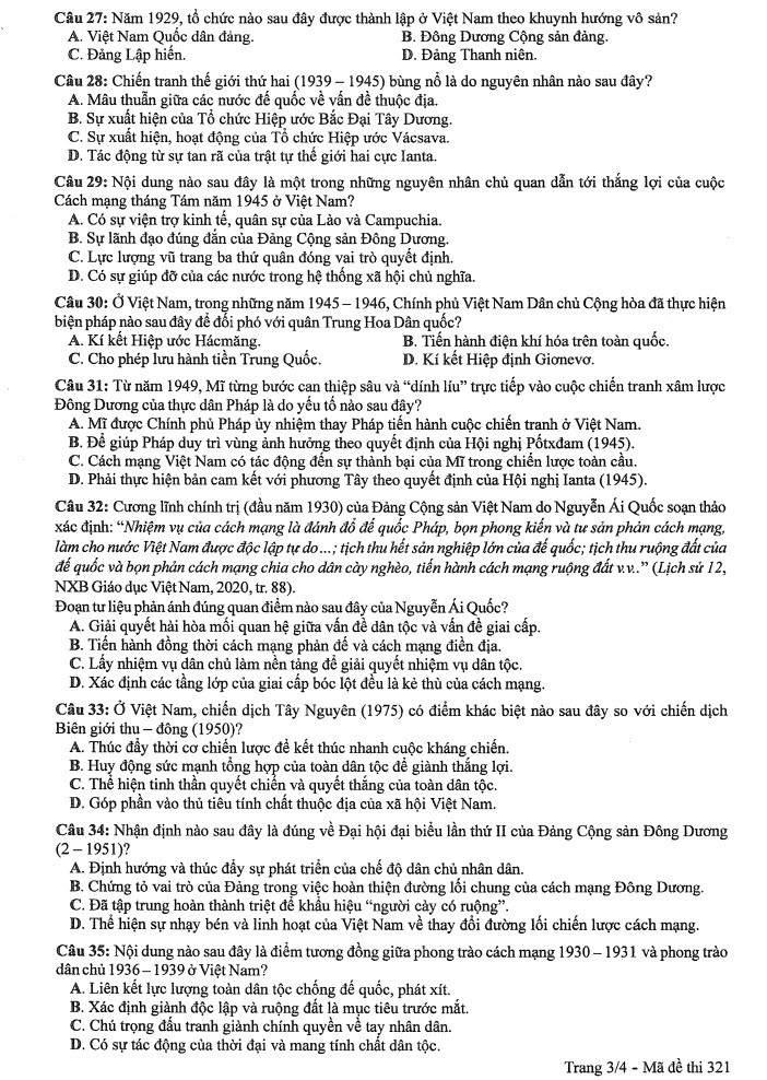 Đề thi môn Lịch sử mã đề 321 - Tốt nghiệp THPT 2024,Đề thi môn Lịch sử Tốt nghiệp THPT 2024