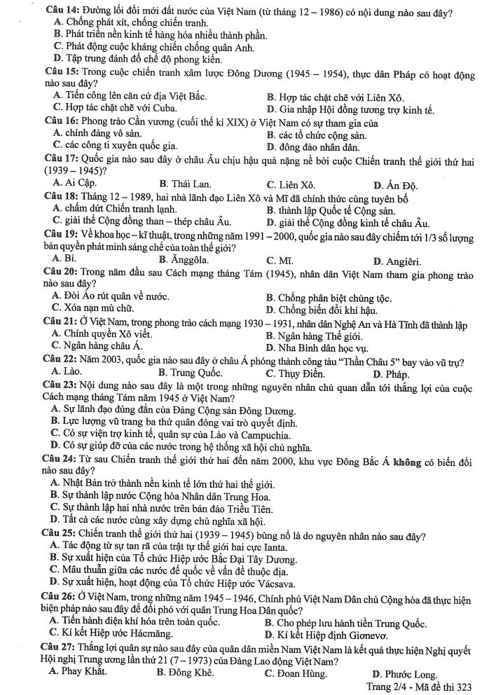 Đề thi môn Lịch sử mã đề 323 - Tốt nghiệp THPT 2024,Đề thi môn Lịch sử Tốt nghiệp THPT 2024