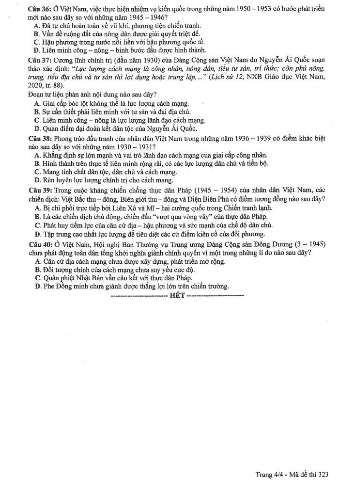 Đề thi môn Lịch sử mã đề 323 - Tốt nghiệp THPT 2024,Đề thi môn Lịch sử Tốt nghiệp THPT 2024