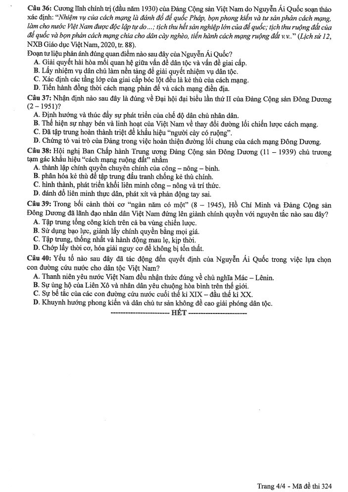 Đề thi môn Lịch sử mã đề 324 - Tốt nghiệp THPT 2024,Đề thi môn Lịch sử Tốt nghiệp THPT 2024