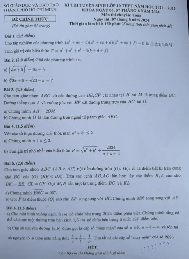 Đề thi vào 10 chuyên toán Sở GD Hồ Chí Minh năm 2024
