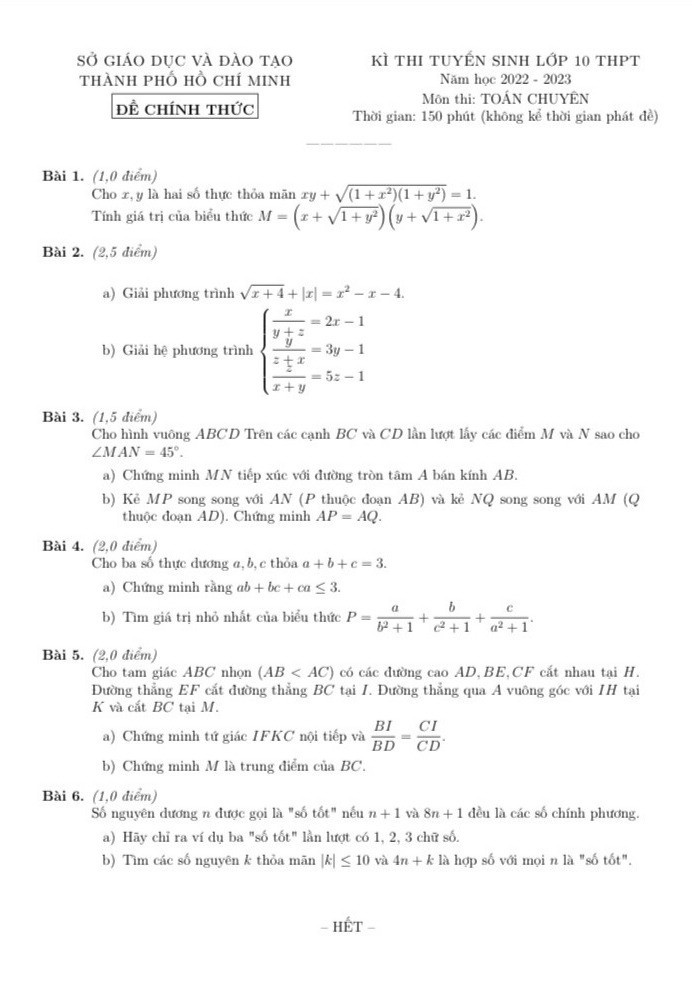 Đề thi vào 10 chuyên Toán Sở GD Hồ Chí Minh năm 2022,Đề thi vào 10 chuyên Toán