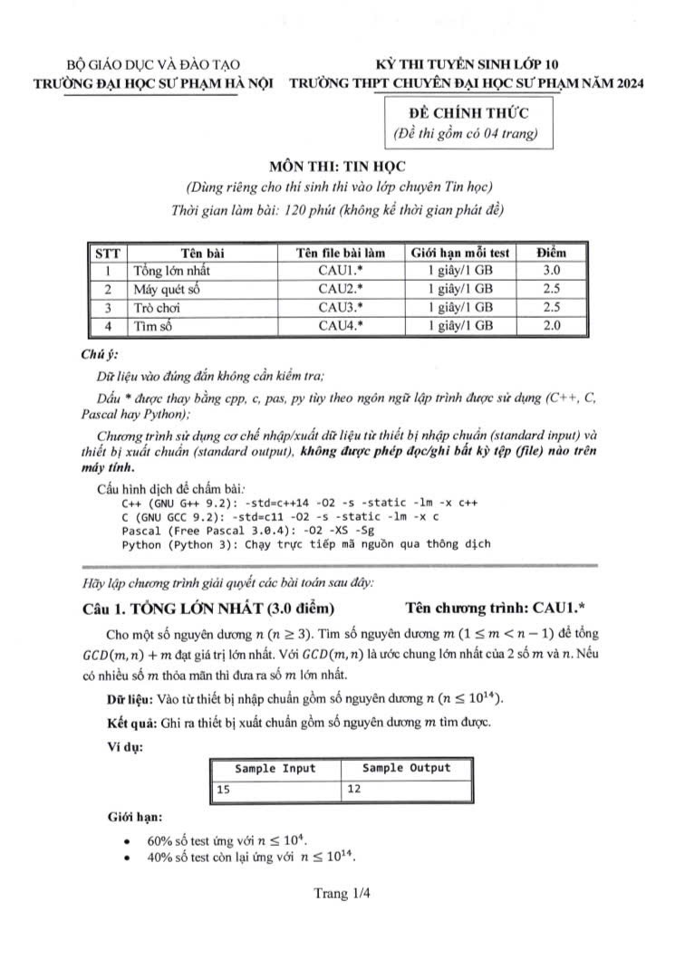 Đề thi vào 10 môn Tin trường THPT chuyên ĐHSP Hà Nội năm 2024,Đề thi vào 10 môn Tin học
