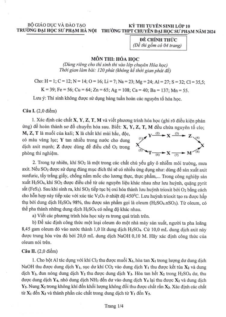 Đề thi vào 10 môn Hóa trường THPT chuyên ĐHSP Hà Nội năm 2024,Đề thi vào 10 môn Hóa