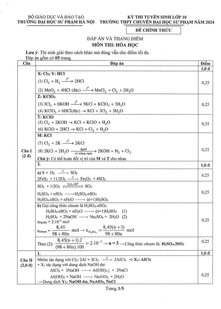 Đề thi vào 10 môn Hóa trường THPT chuyên ĐHSP Hà Nội năm 2024,Đề thi vào 10 môn Hóa