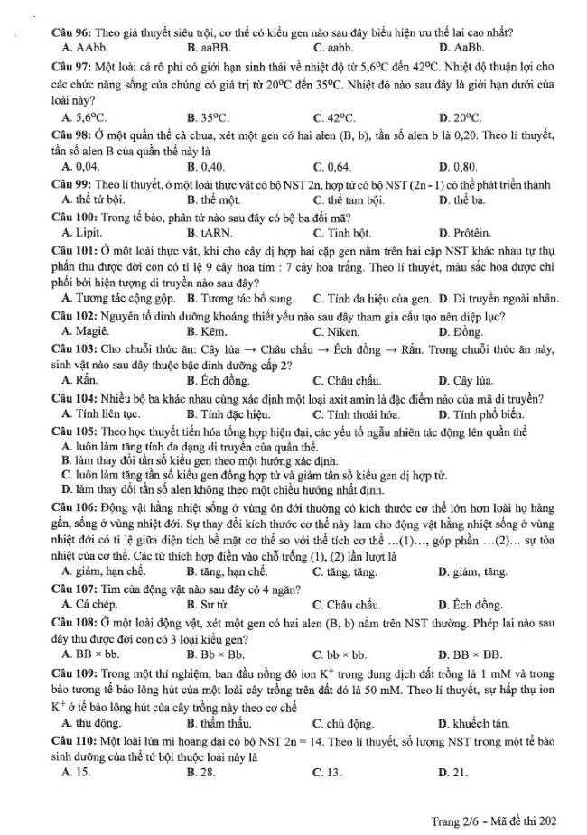 Đề thi môn Sinh Học mã đề 202 - Tốt nghiệp THPT 2024,Đề thi môn Sinh Học Tốt nghiệp THPT 2024