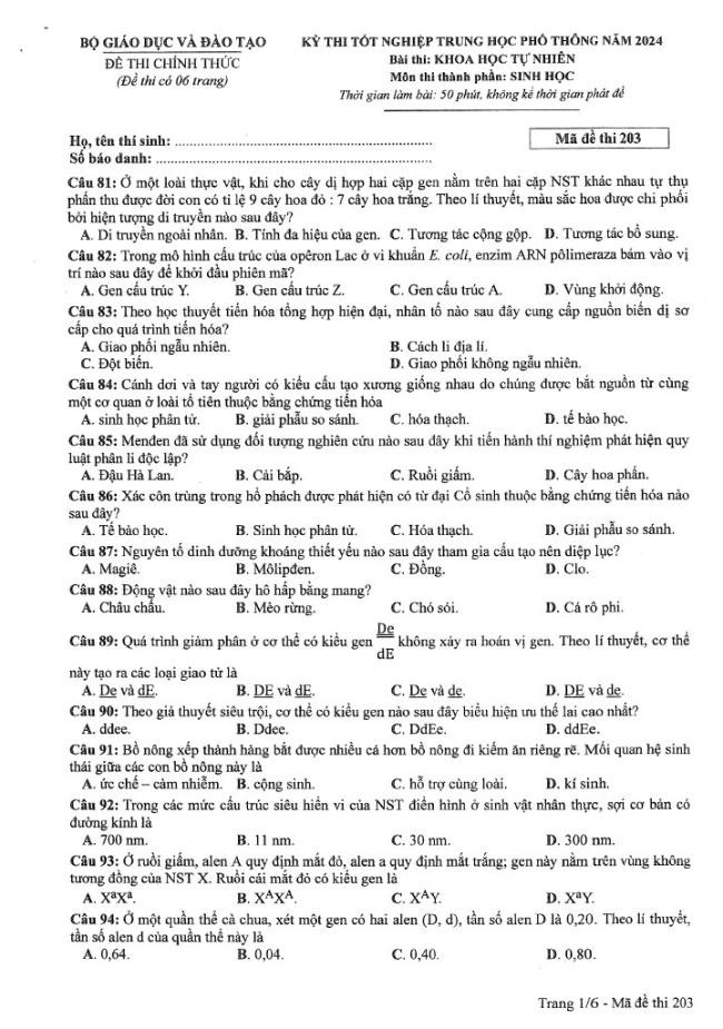 Đề thi môn Sinh Học mã đề 203 - Tốt nghiệp THPT 2024,Đề thi môn Sinh Học Tốt nghiệp THPT 2024
