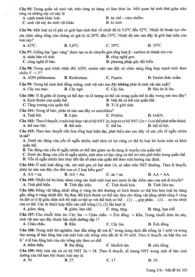 Đề thi môn Sinh Học mã đề 203 - Tốt nghiệp THPT 2024,Đề thi môn Sinh Học Tốt nghiệp THPT 2024