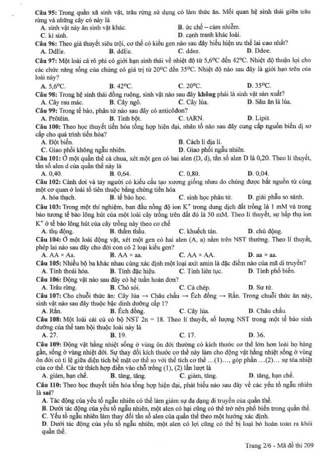 Đề thi môn Sinh Học mã đề 209 - Tốt nghiệp THPT 2024,Đề thi môn Sinh Học Tốt nghiệp THPT 2024