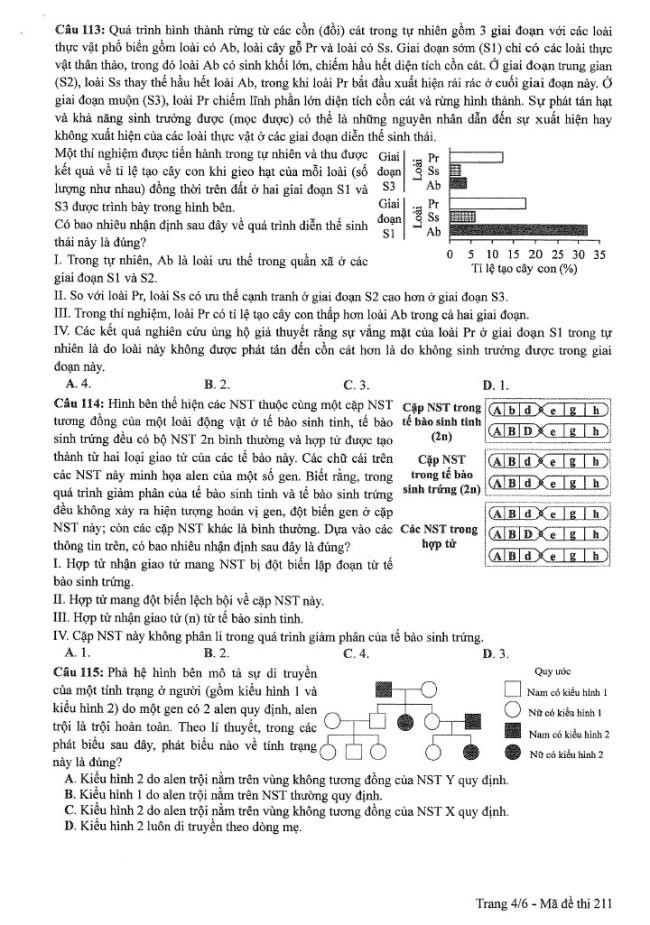 Đề thi môn Sinh Học mã đề 211 - Tốt nghiệp THPT 2024,Đề thi môn Sinh Học tốt nghiệp THPT 2024