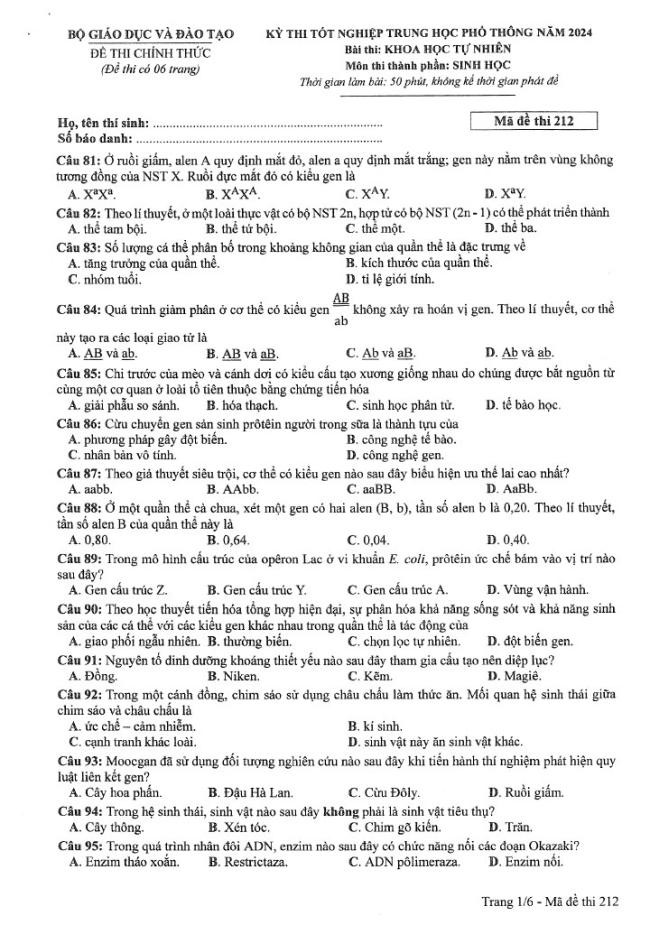 Đề thi môn Sinh Học mã đề 212 - Tốt nghiệp THPT 2024,Đề thi môn Sinh Học Tốt nghiệp THPT 2024