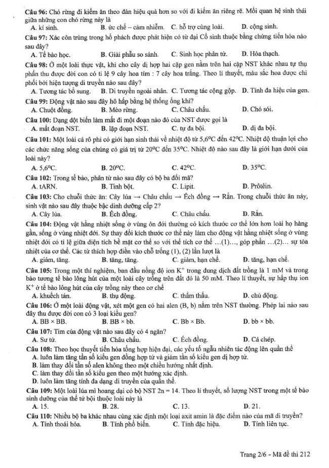 Đề thi môn Sinh Học mã đề 212 - Tốt nghiệp THPT 2024,Đề thi môn Sinh Học Tốt nghiệp THPT 2024