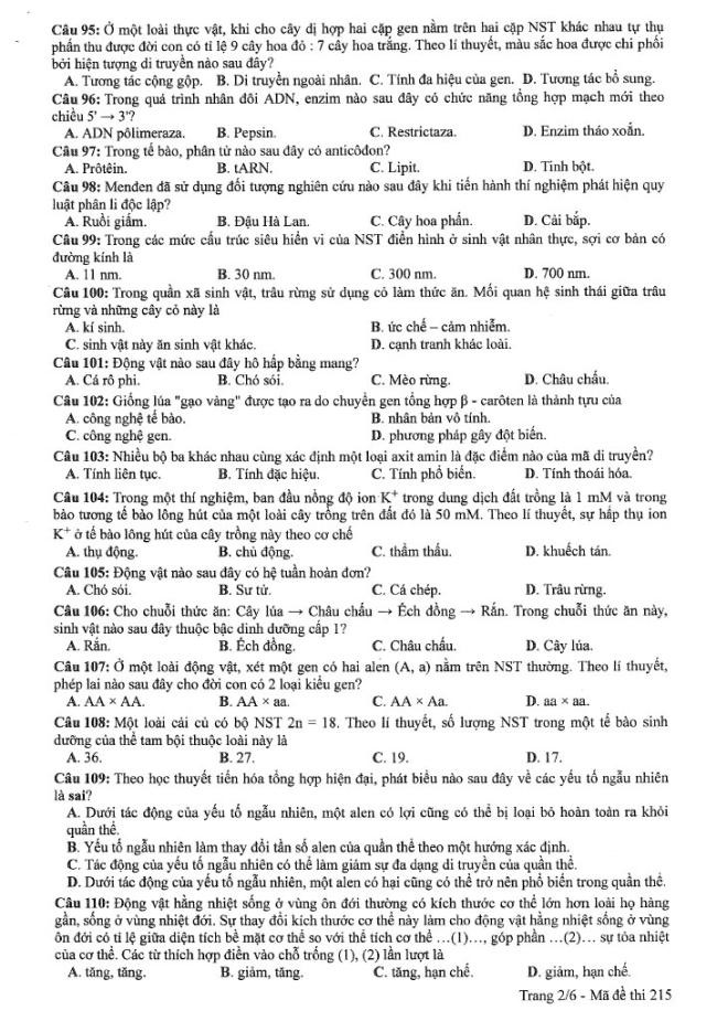Đề thi môn Sinh Học mã đề 215 - Tốt nghiệp THPT 2024,Đề thi môn Sinh Học Tốt nghiệp THPT 2024