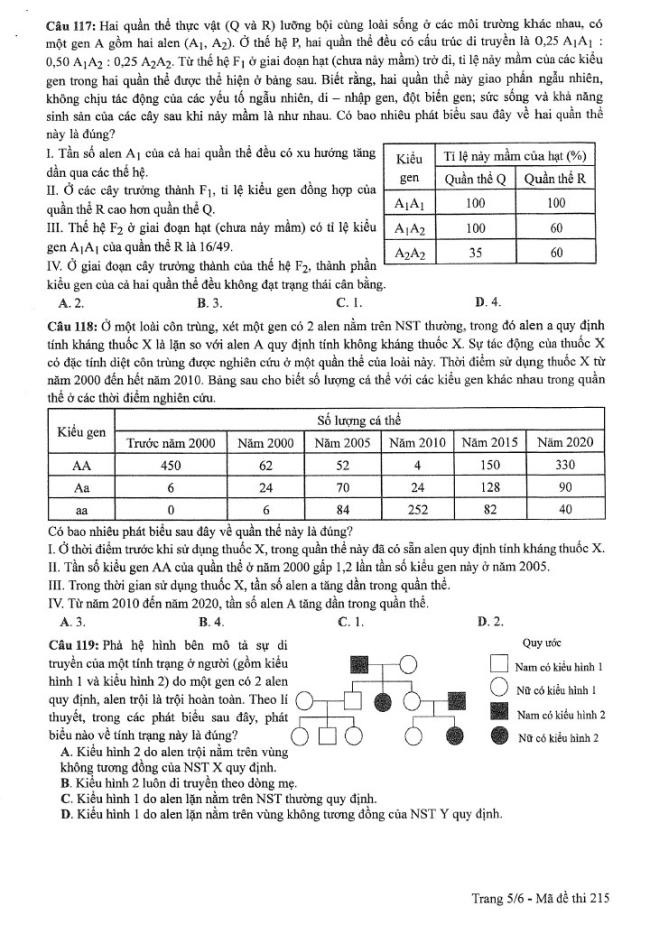 Đề thi môn Sinh Học mã đề 215 - Tốt nghiệp THPT 2024,Đề thi môn Sinh Học Tốt nghiệp THPT 2024