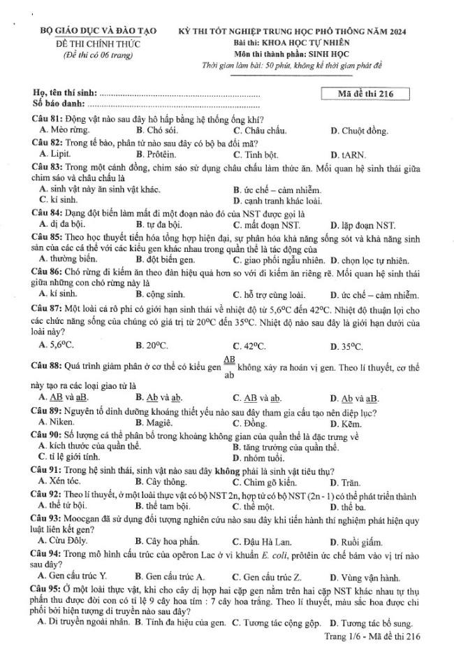 Đề thi môn Sinh Học mã đề 216 - Tốt nghiệp THPT 2024,Đề thi môn Sinh Học Tốt nghiệp THPT 2024
