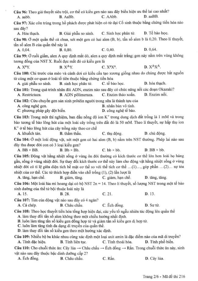 Đề thi môn Sinh Học mã đề 216 - Tốt nghiệp THPT 2024,Đề thi môn Sinh Học Tốt nghiệp THPT 2024