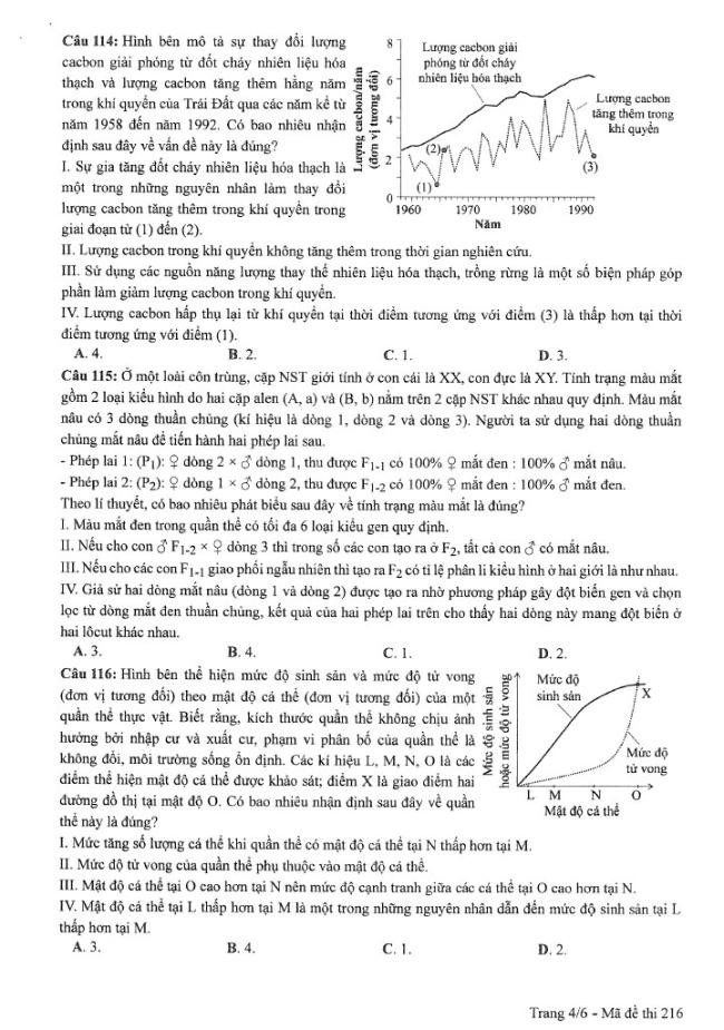 Đề thi môn Sinh Học mã đề 216 - Tốt nghiệp THPT 2024,Đề thi môn Sinh Học Tốt nghiệp THPT 2024