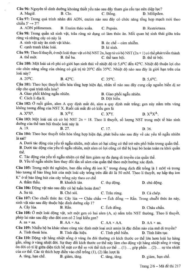 Đề thi môn Sinh Học mã đề 217 - Tốt nghiệp THPT 2024,Đề thi môn Sinh Học Tốt nghiệp THPT 2024