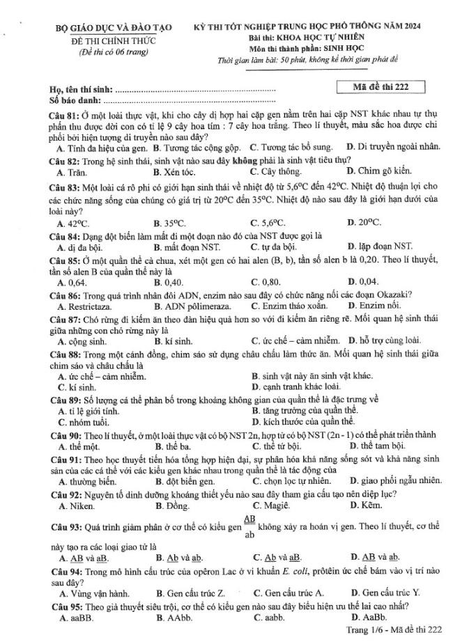 Đề thi môn Sinh Học mã đề 222 - Tốt nghiệp THPT 2024,Đề thi môn Sinh Học Tốt nghiệp THPT 2024