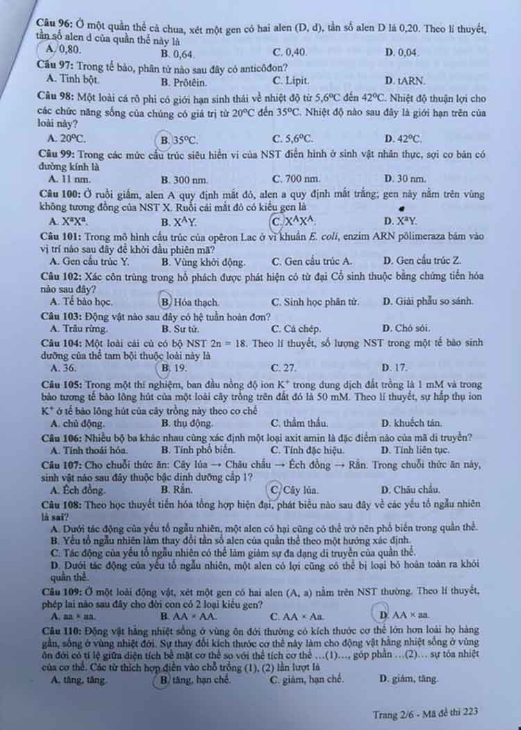Đề thi môn Sinh Học mã đề 223 - Tốt nghiệp THPT 2024,Đề thi môn Sinh Học Tốt nghiệp THPT 2024