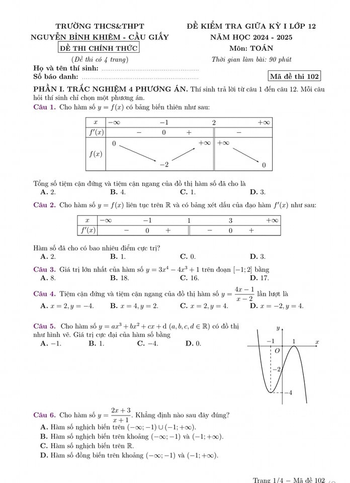 Đề kiểm tra giữa học kỳ 1 môn Toán 12 trường THCS & THPT Nguyễn Bỉnh Khiêm,Đề kiểm tra giữa học kỳ 1 môn Toán 12