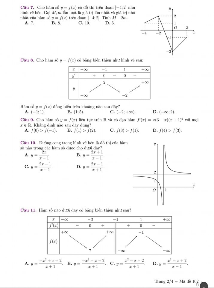 Đề kiểm tra giữa học kỳ 1 môn Toán 12 trường THCS & THPT Nguyễn Bỉnh Khiêm,Đề kiểm tra giữa học kỳ 1 môn Toán 12