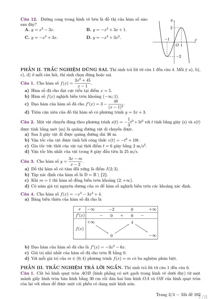 Đề kiểm tra giữa học kỳ 1 môn Toán 12 trường THCS & THPT Nguyễn Bỉnh Khiêm,Đề kiểm tra giữa học kỳ 1 môn Toán 12