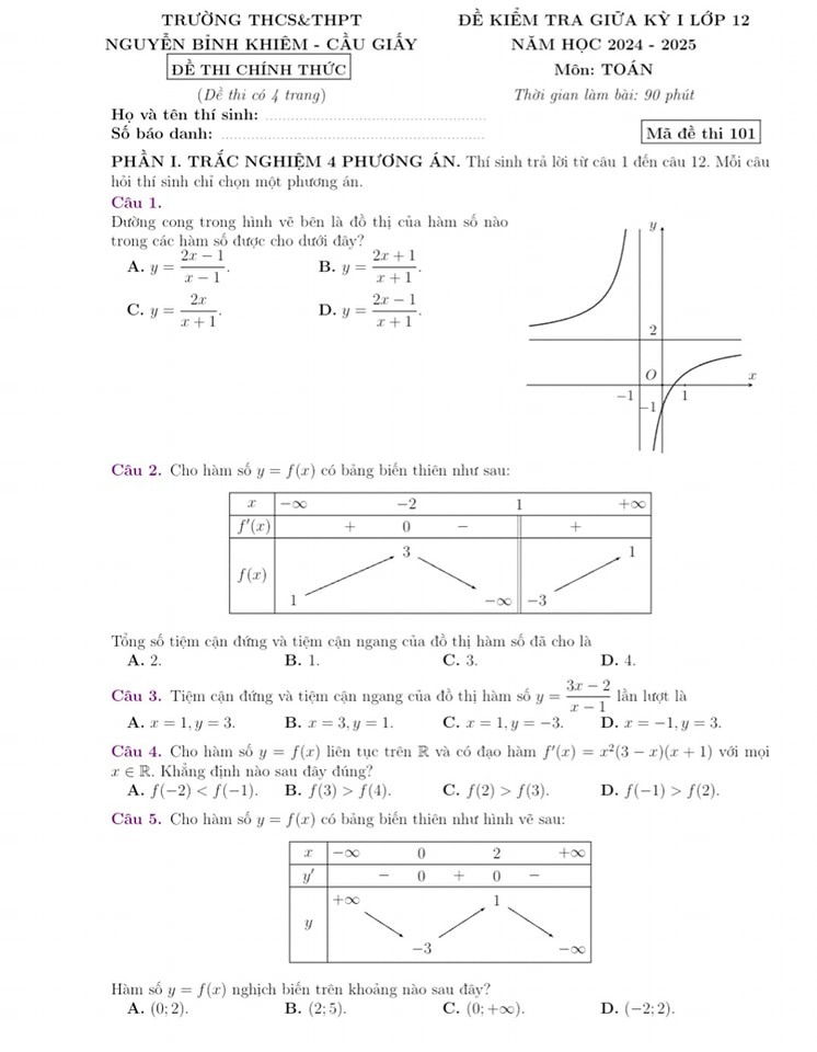 Đề kiểm tra giữa học kỳ 1 môn Toán 12 trường THCS & THPT Nguyễn Bỉnh Khiêm,Đề kiểm tra giữa học kỳ 1 môn Toán 12